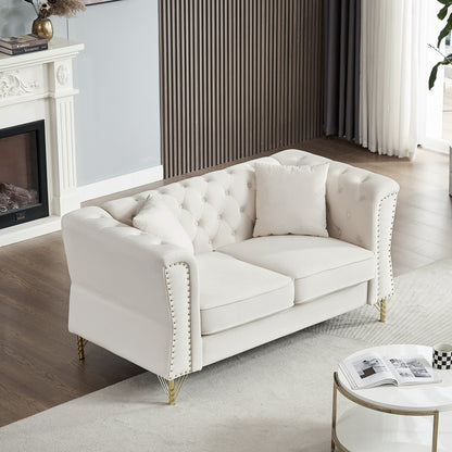Beige Velvet 3-seater Sofa with Tufted Couch