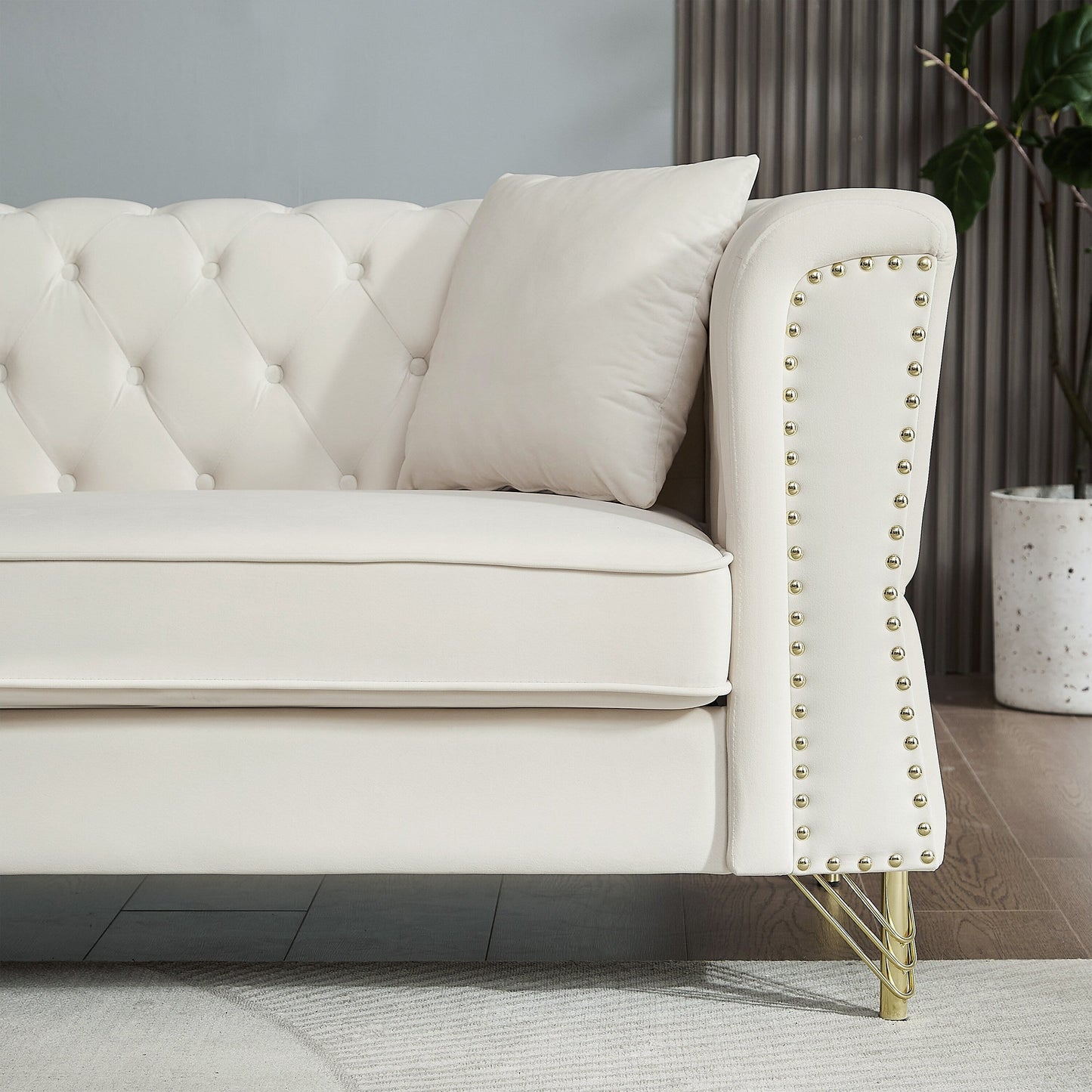 Beige Velvet 3-seater Sofa with Tufted Couch