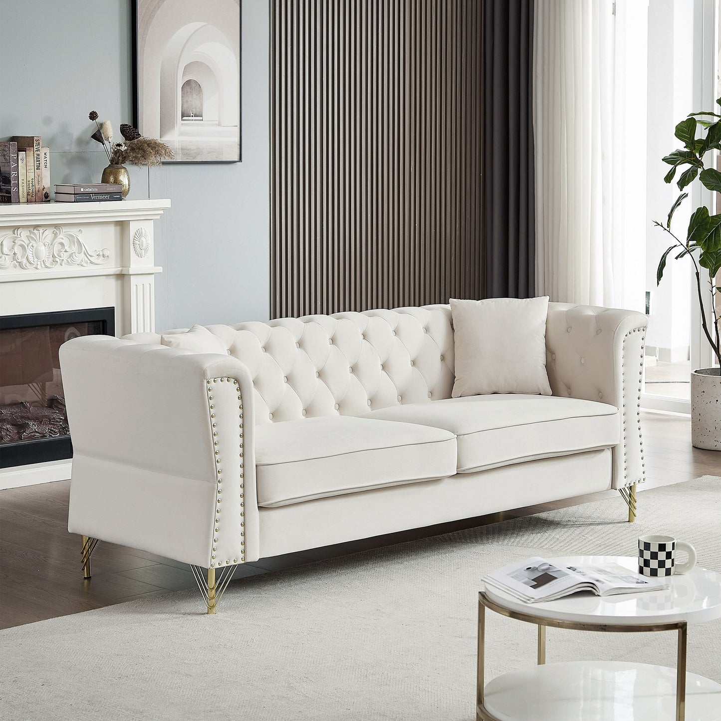Beige Velvet 3-seater Sofa with Tufted Couch