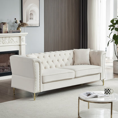 Beige Velvet 3-seater Sofa with Tufted Couch
