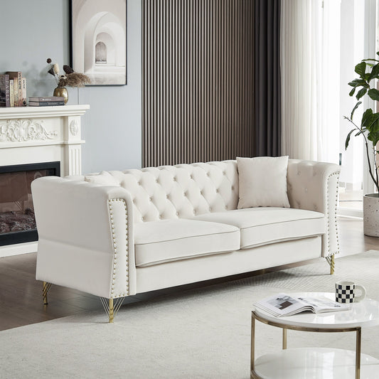 Beige Velvet 3-seater Sofa with Tufted Couch