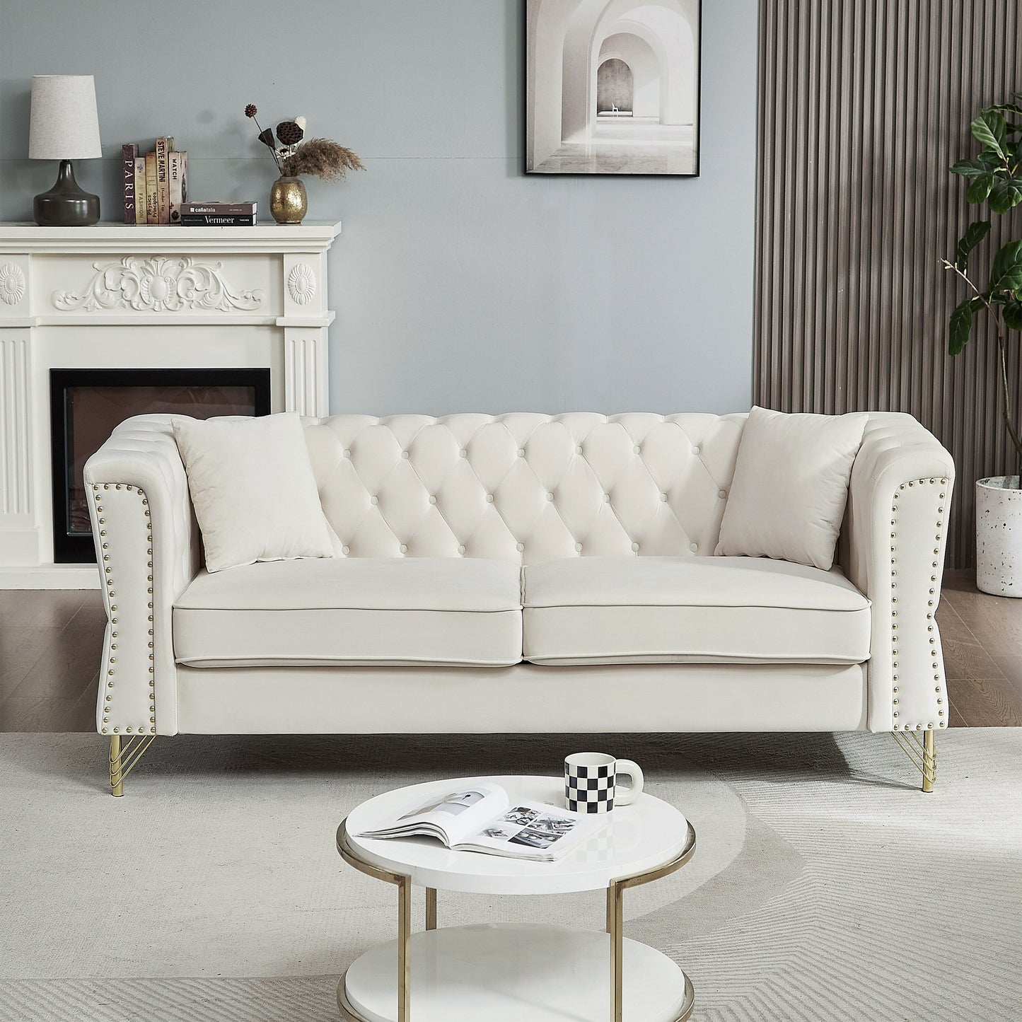 Beige Velvet 3-seater Sofa with Tufted Couch