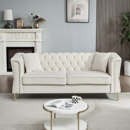 Beige Velvet 3-seater Sofa with Tufted Couch