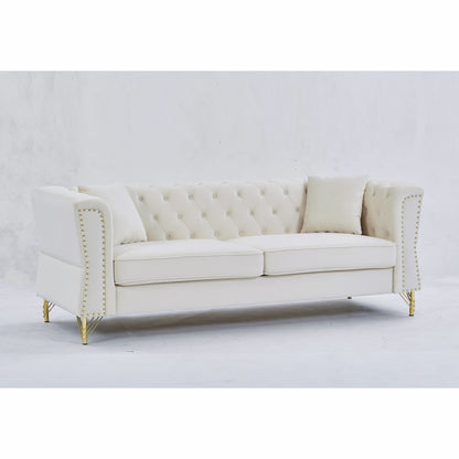Beige Velvet 3-seater Sofa with Tufted Couch