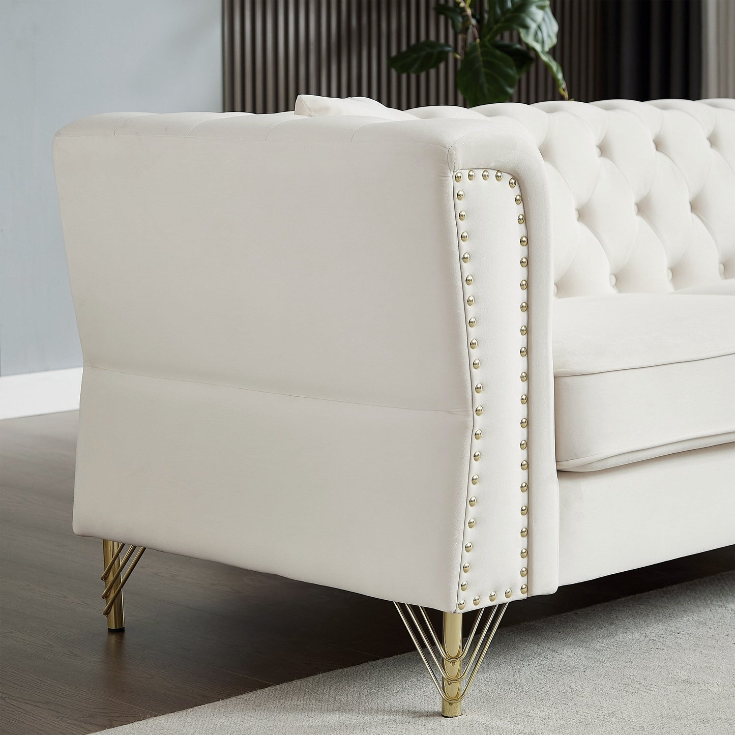 Beige Velvet 3-seater Sofa with Tufted Couch