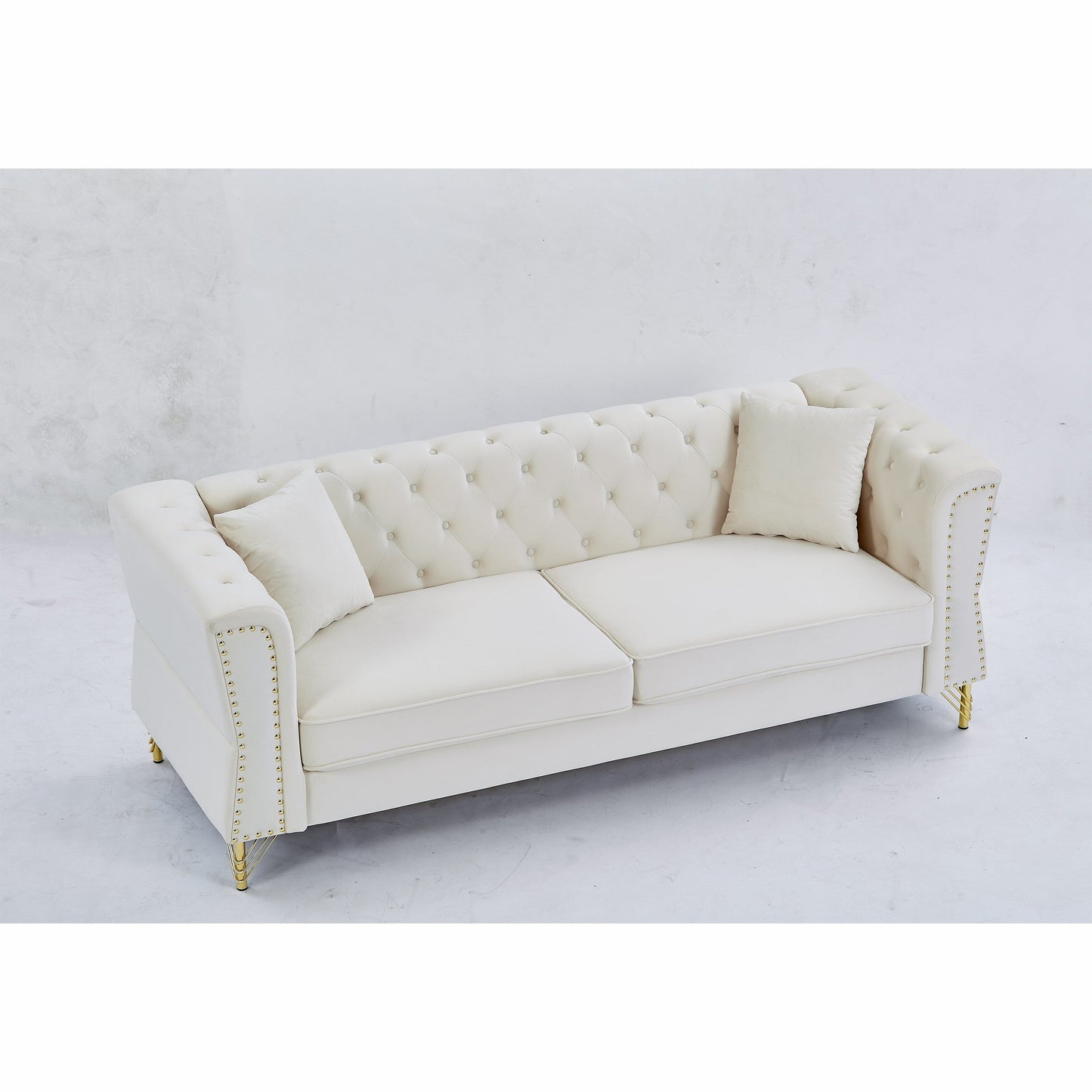Beige Velvet 3-seater Sofa with Tufted Couch