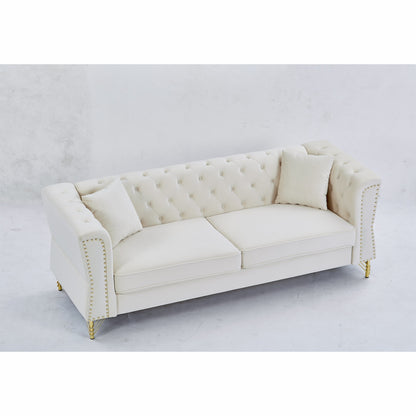 Beige Velvet 3-seater Sofa with Tufted Couch