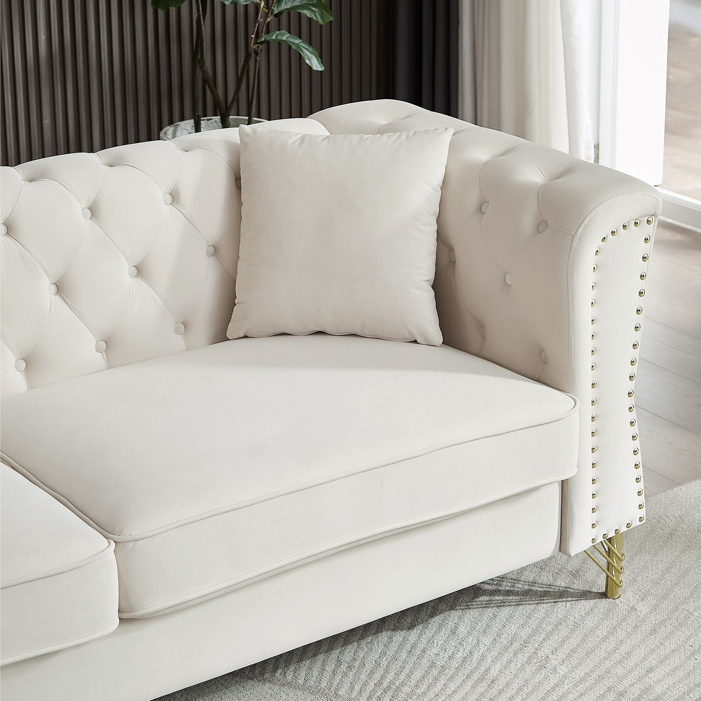 Beige Velvet 3-seater Sofa with Tufted Couch