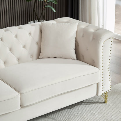 Beige Velvet 3-seater Sofa with Tufted Couch
