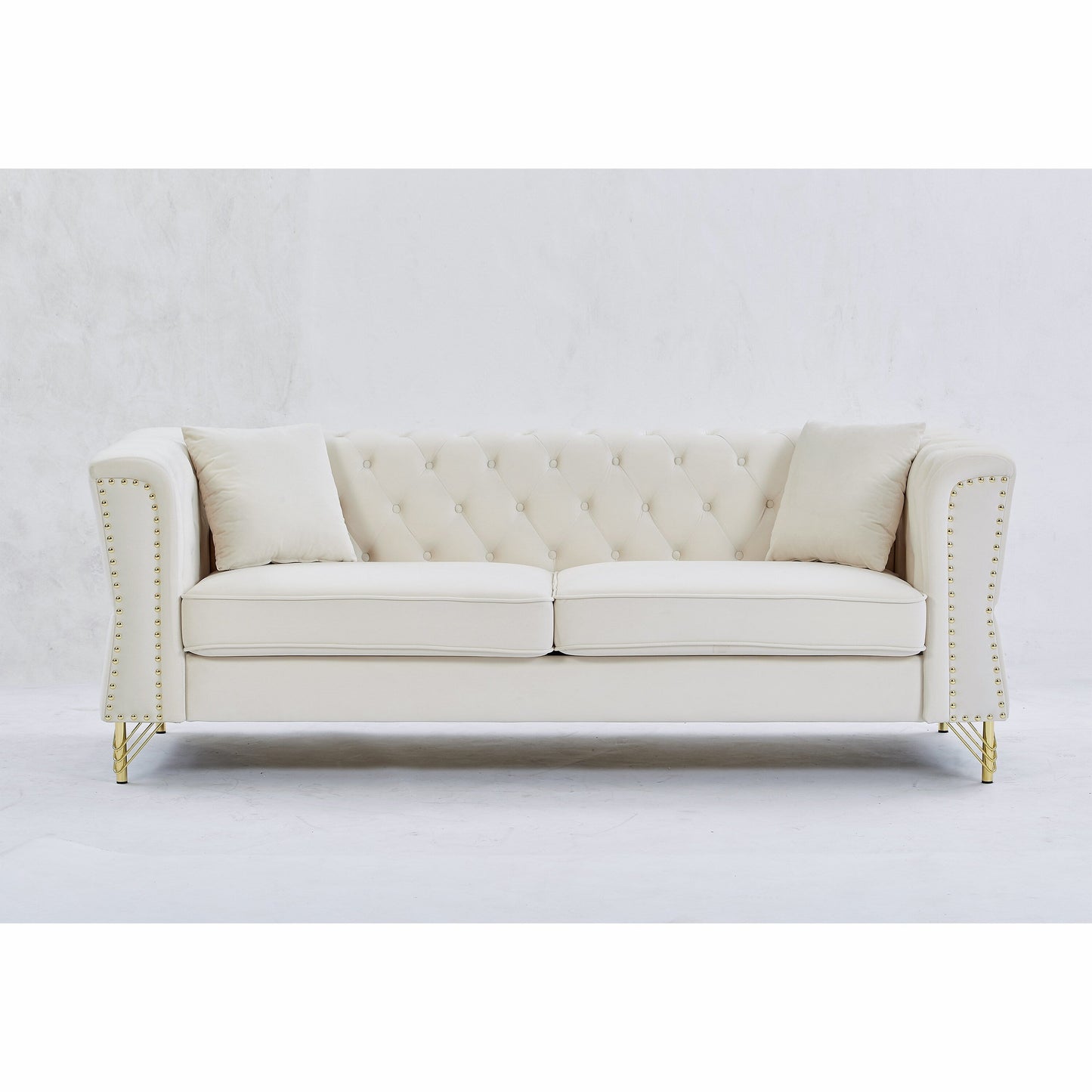 Beige Velvet 3-seater Sofa with Tufted Couch