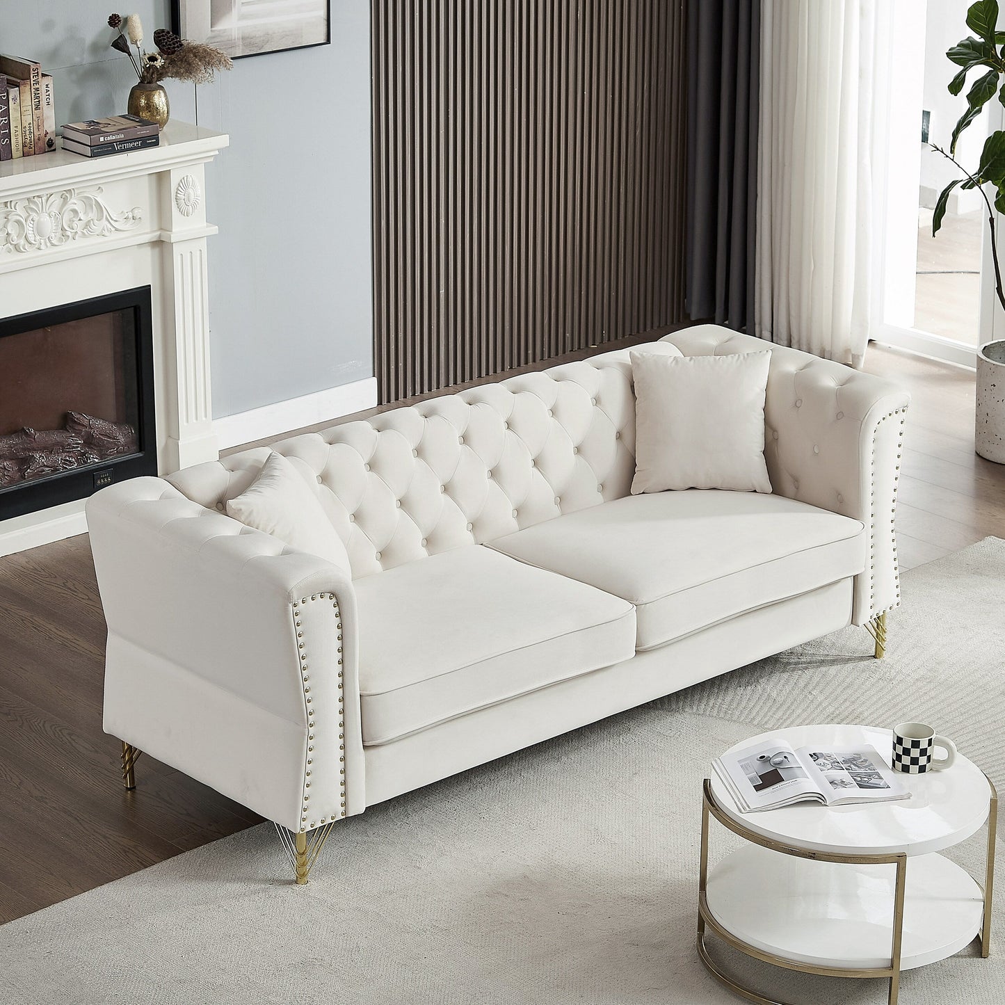 Beige Velvet 3-seater Sofa with Tufted Couch