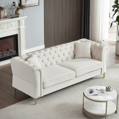 Beige Velvet 3-seater Sofa with Tufted Couch