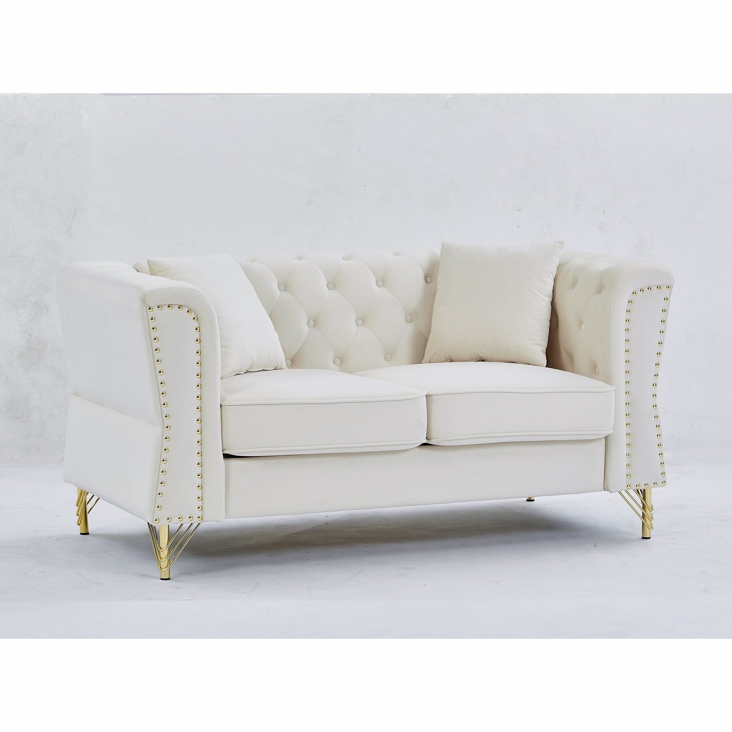 Beige Velvet 3-seater Sofa with Tufted Couch