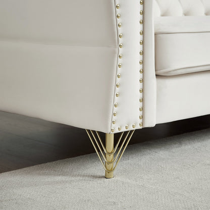 Beige Velvet 3-seater Sofa with Tufted Couch