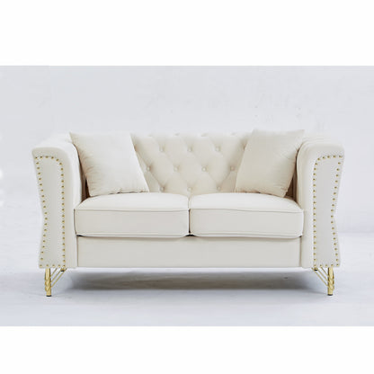 Beige Velvet 3-seater Sofa with Tufted Couch