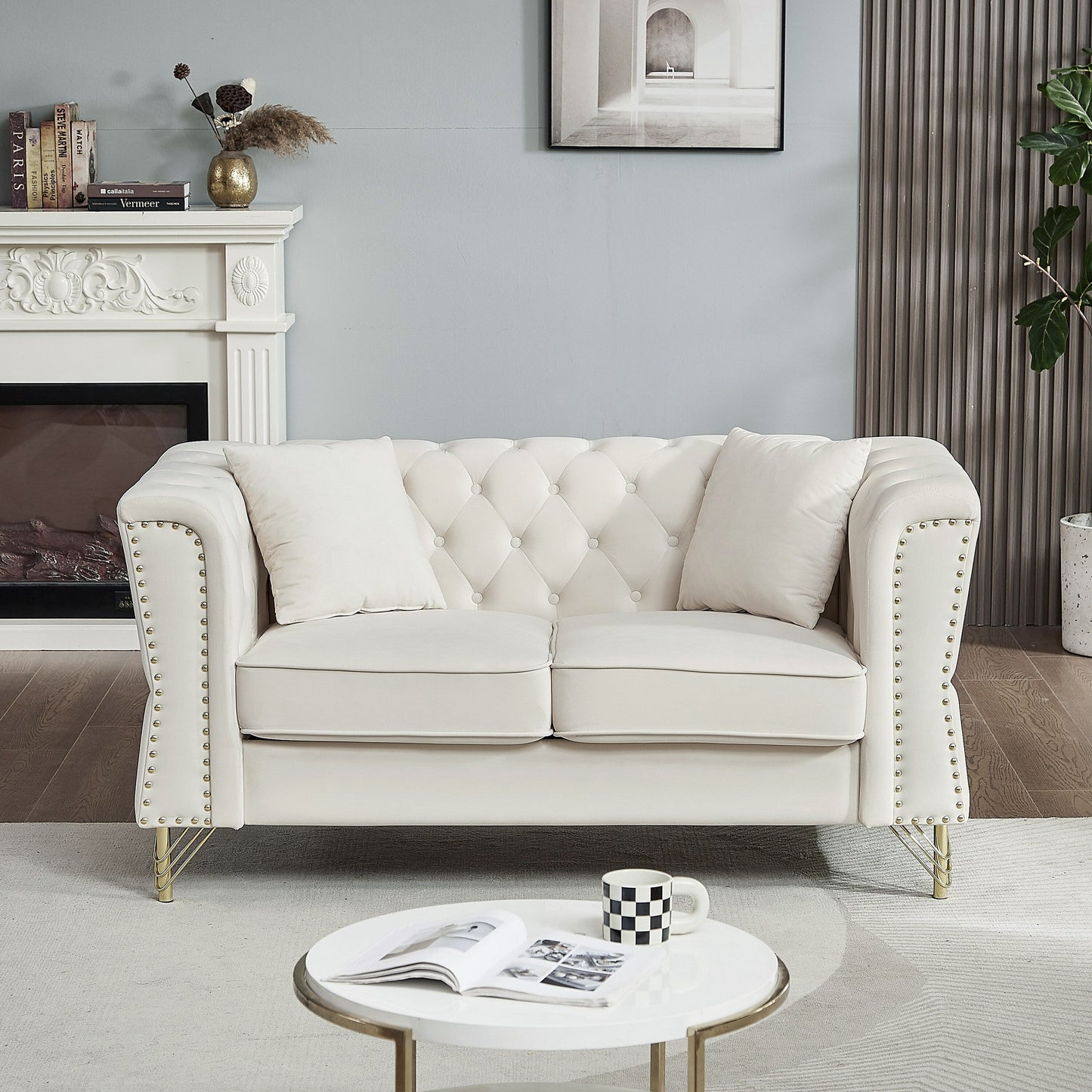 Beige Velvet 3-seater Sofa with Tufted Couch