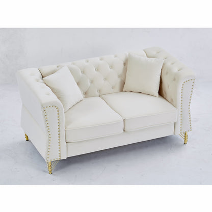 Beige Velvet 3-seater Sofa with Tufted Couch