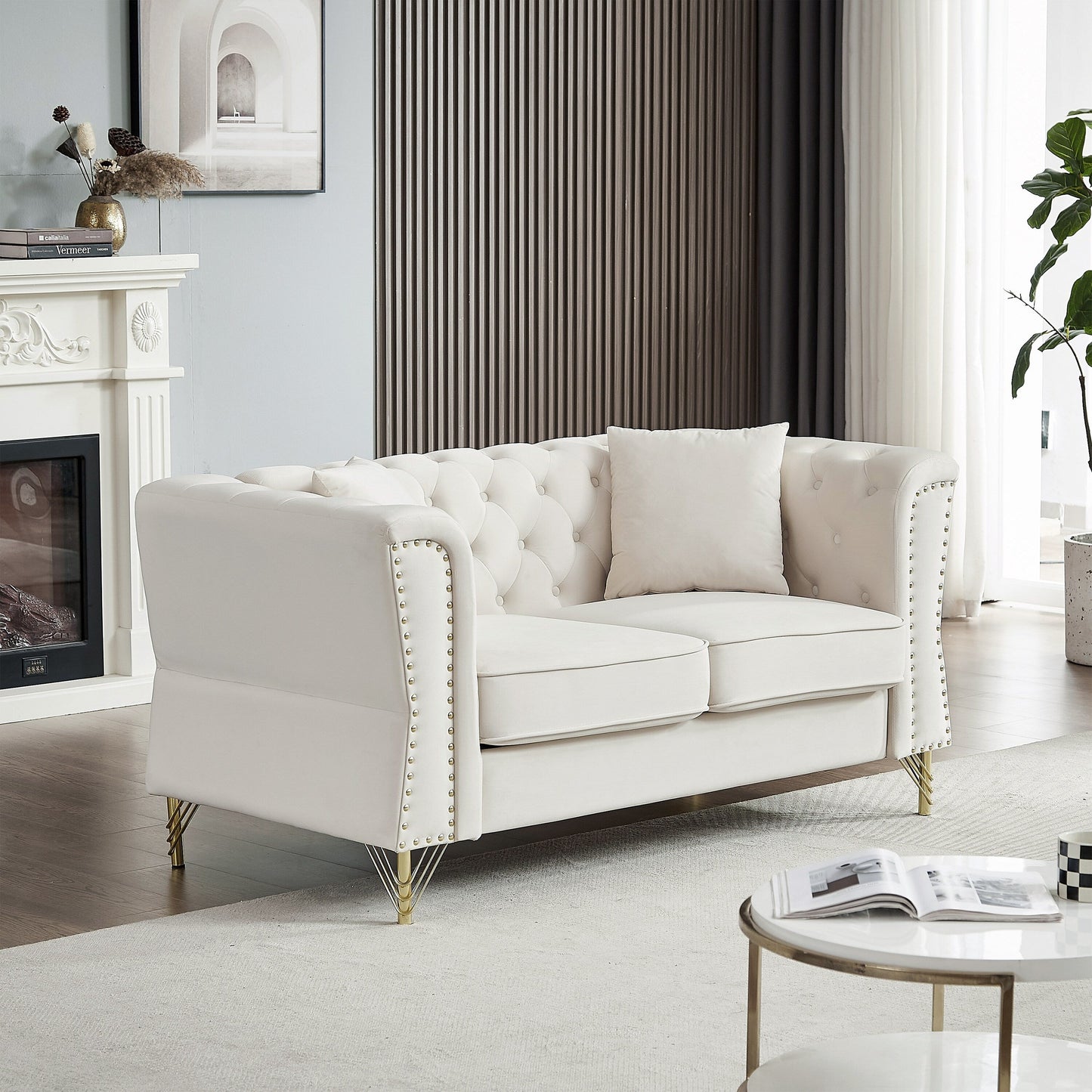 Beige Velvet 3-seater Sofa with Tufted Couch