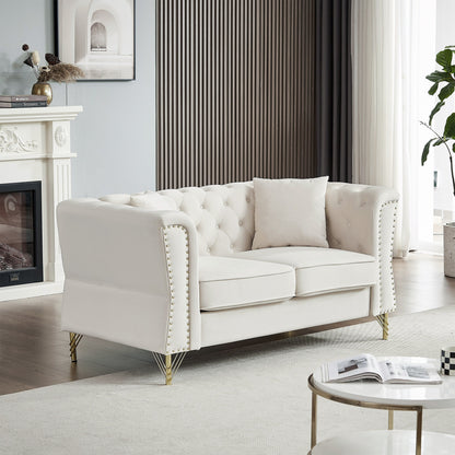 Beige Velvet 3-seater Sofa with Tufted Couch