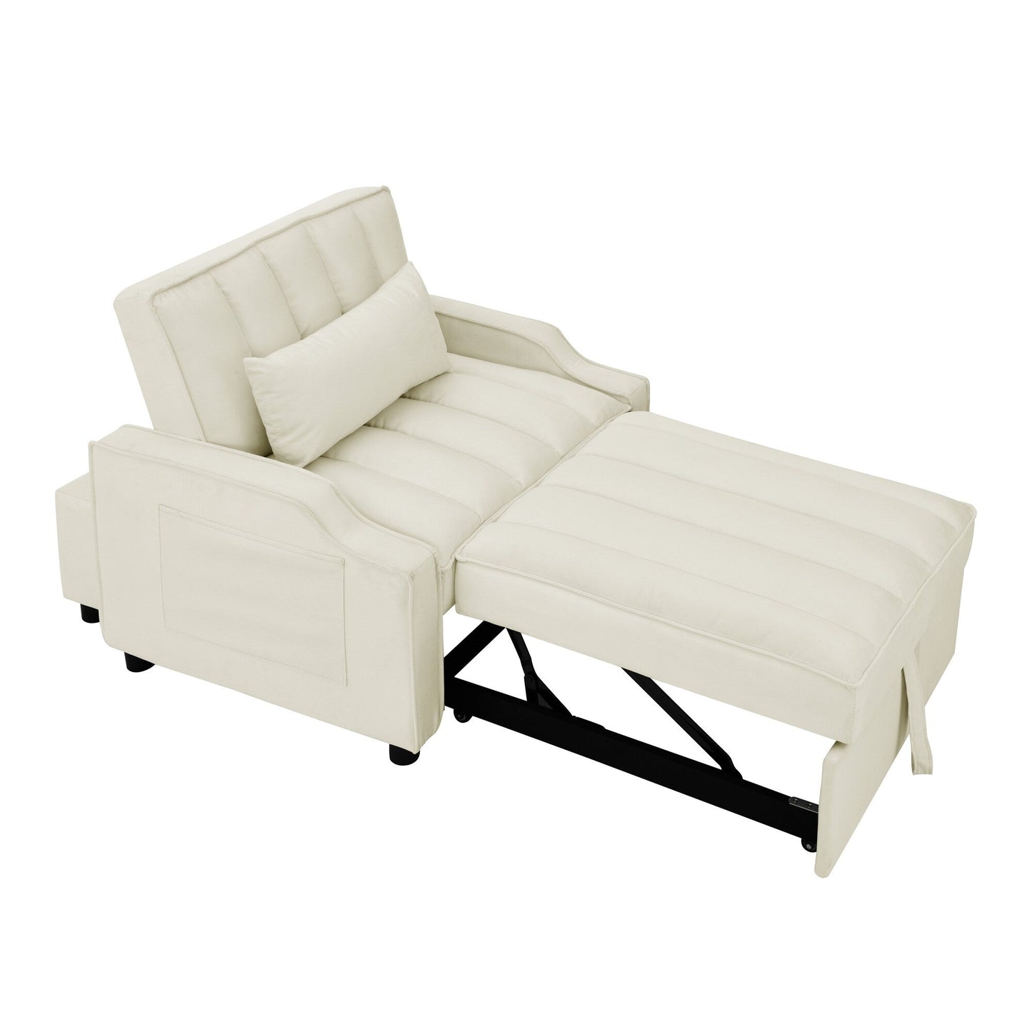 Beige Velvet 35.5 Convertible Single Sleeper Sofa with Pull-out Bed, Storage Pocket, and Pillows
