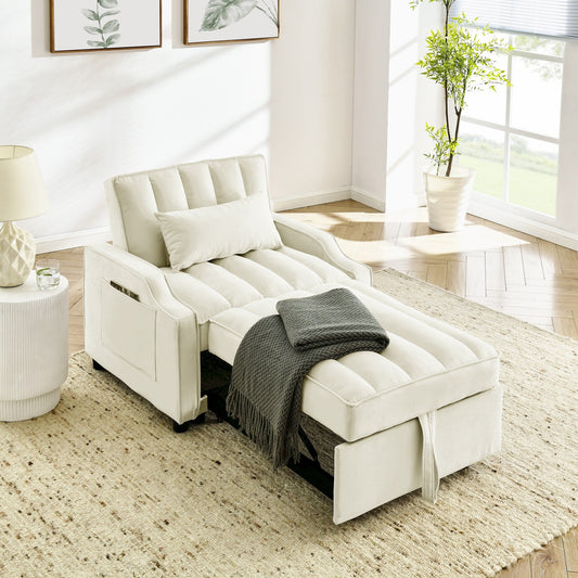 Beige Velvet 35.5 Convertible Single Sleeper Sofa with Pull-out Bed, Storage Pocket, and Pillows