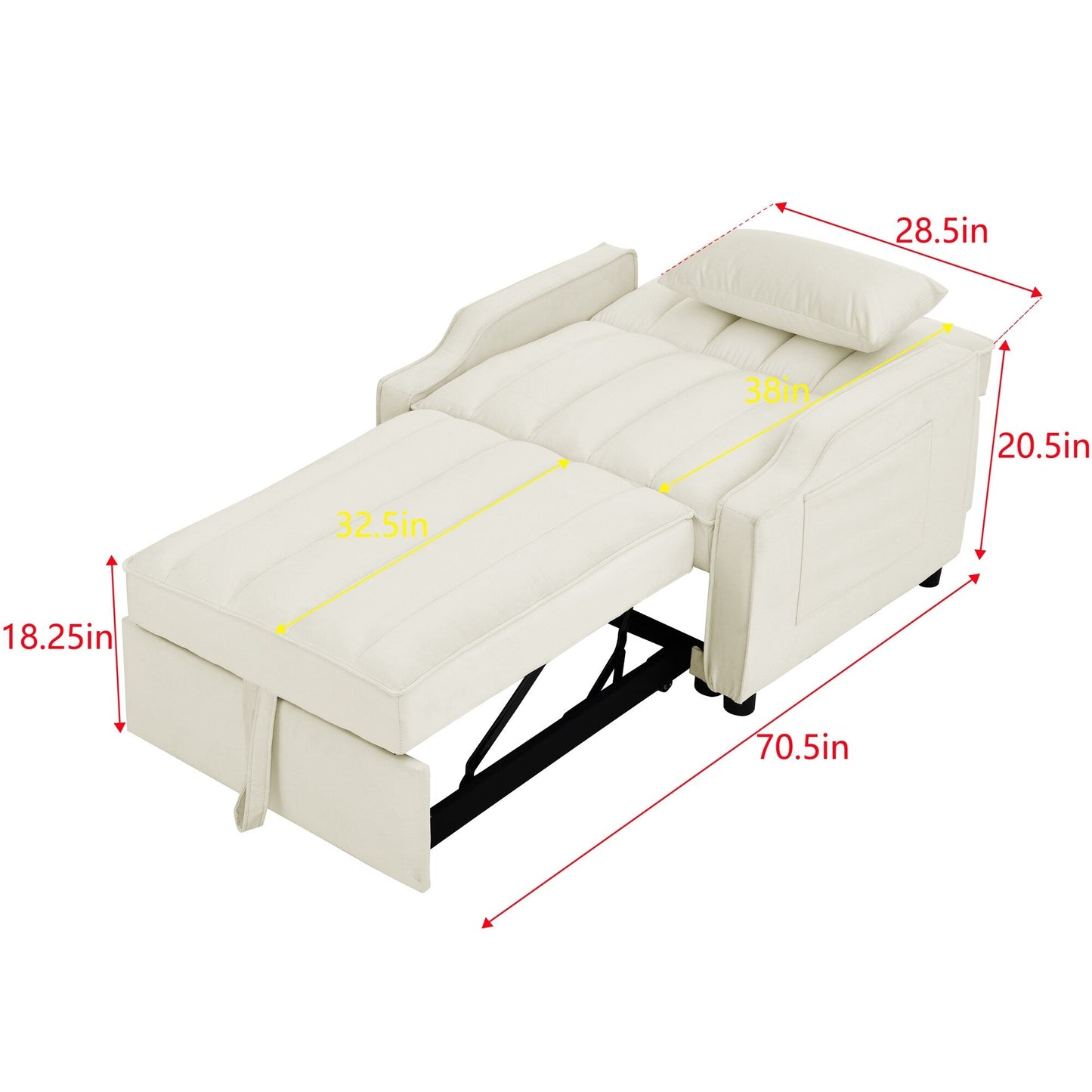 Beige Velvet 35.5 Convertible Single Sleeper Sofa with Pull-out Bed, Storage Pocket, and Pillows