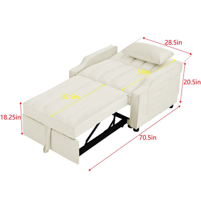 Beige Velvet 35.5 Convertible Single Sleeper Sofa with Pull-out Bed, Storage Pocket, and Pillows