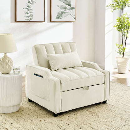 Beige Velvet 35.5 Convertible Single Sleeper Sofa with Pull-out Bed, Storage Pocket, and Pillows