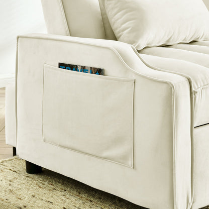 Beige Velvet 35.5 Convertible Single Sleeper Sofa with Pull-out Bed, Storage Pocket, and Pillows