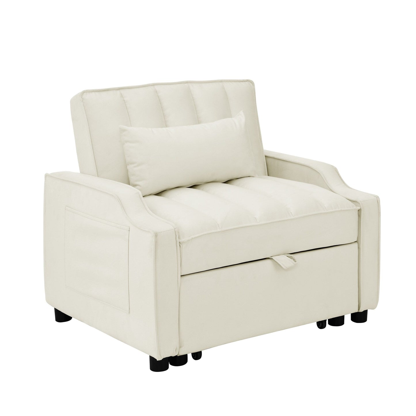 Beige Velvet 35.5 Convertible Single Sleeper Sofa with Pull-out Bed, Storage Pocket, and Pillows