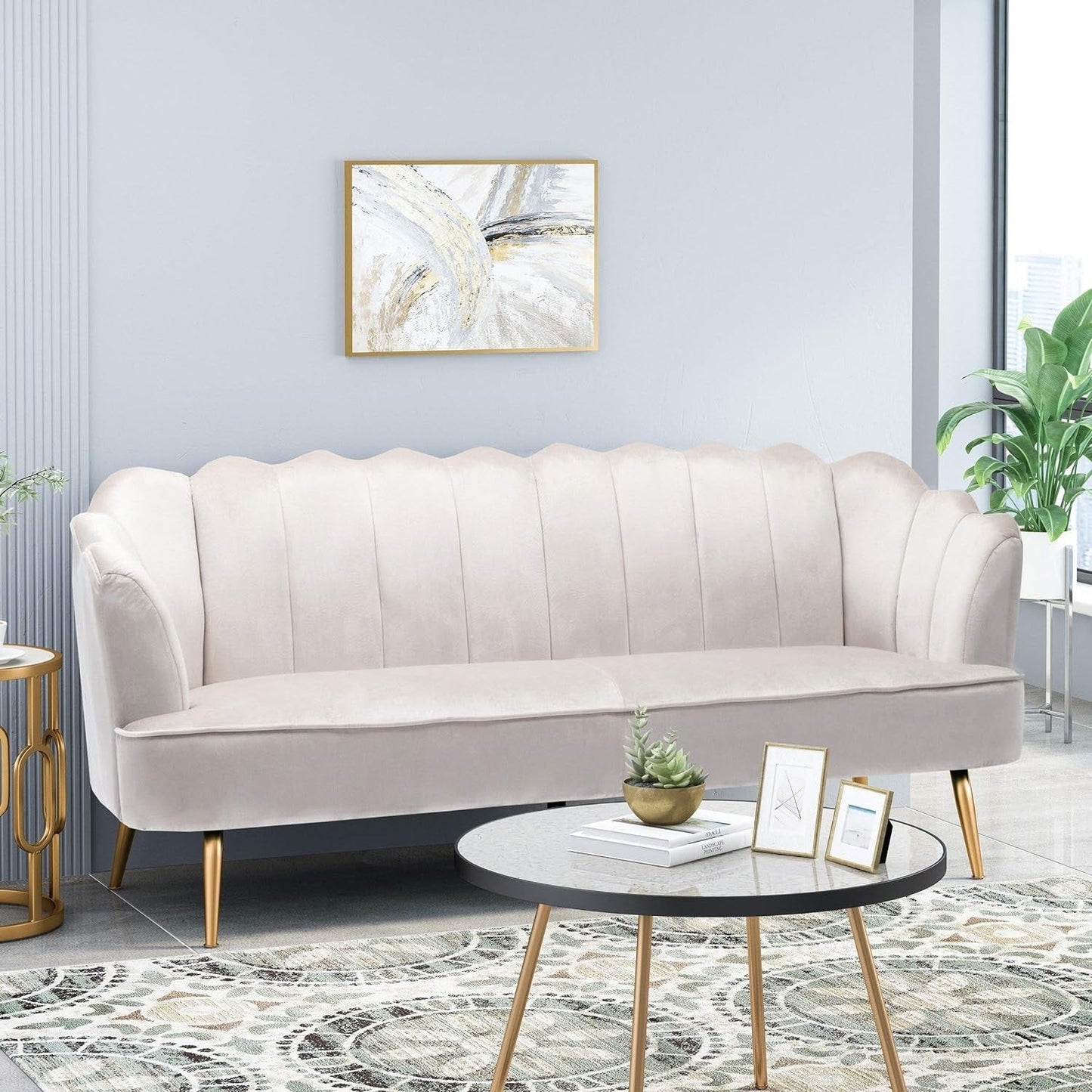 Beige Velvet Channel Stitched 3-seater Sofa with Metal Legs