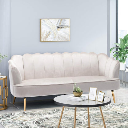 Beige Velvet Channel Stitched 3-seater Sofa with Metal Legs
