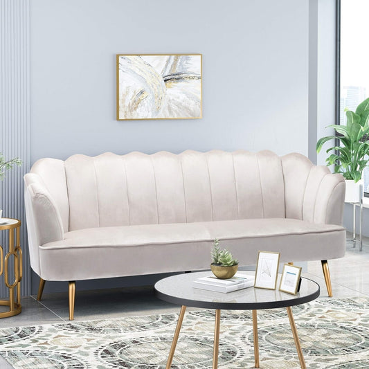 Beige Velvet Channel Stitched 3-seater Sofa with Metal Legs