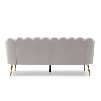 Beige Velvet Channel Stitched 3-seater Sofa with Metal Legs