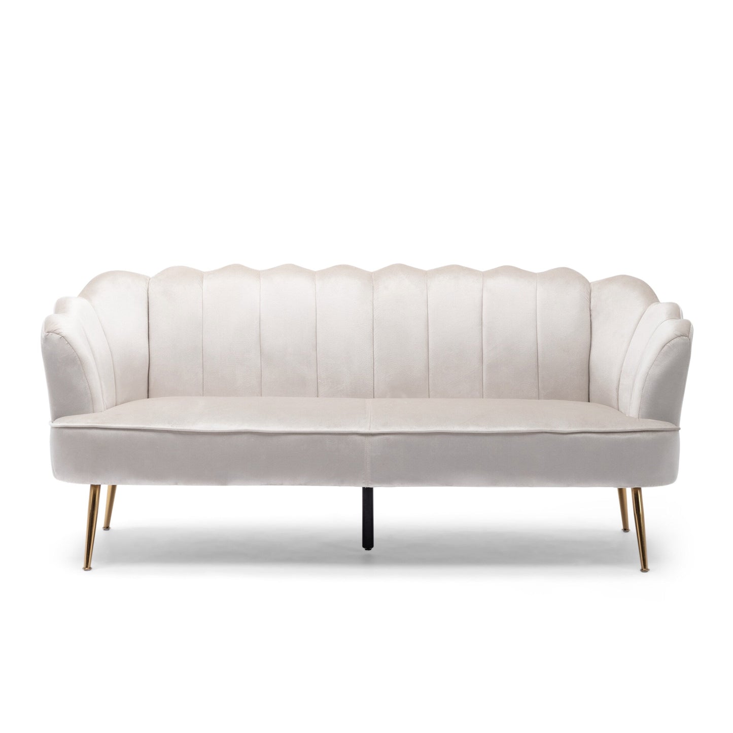 Beige Velvet Channel Stitched 3-seater Sofa with Metal Legs