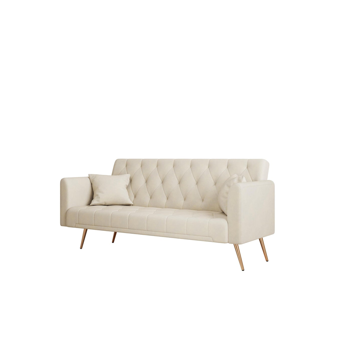Beige Velvet Convertible 3-seater Sofa Bed with Throw Pillows