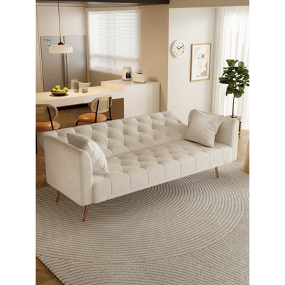 Beige Velvet Convertible 3-seater Sofa Bed with Throw Pillows
