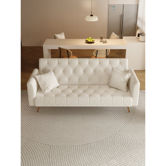 Beige Velvet Convertible 3-seater Sofa Bed with Throw Pillows