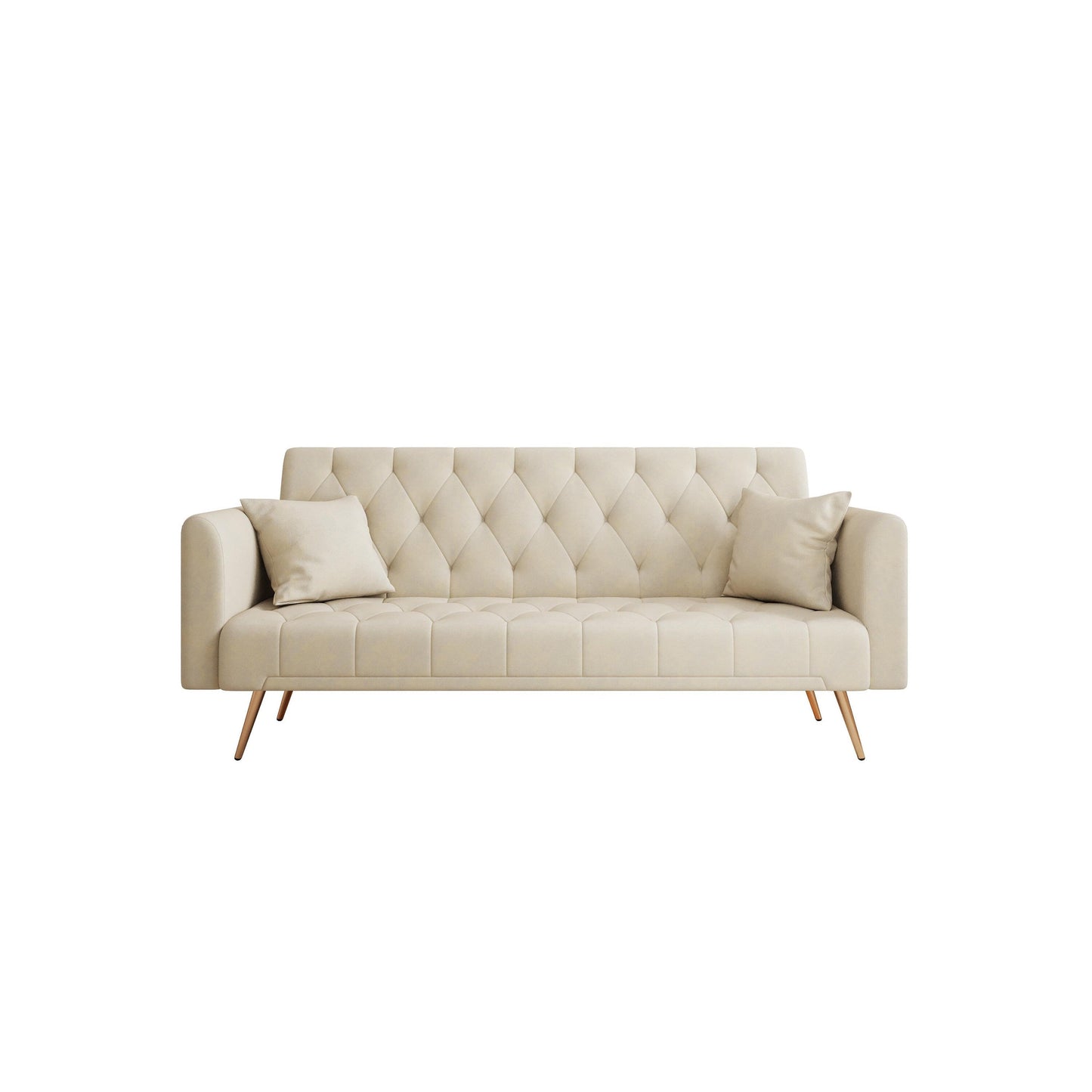 Beige Velvet Convertible 3-seater Sofa Bed with Throw Pillows