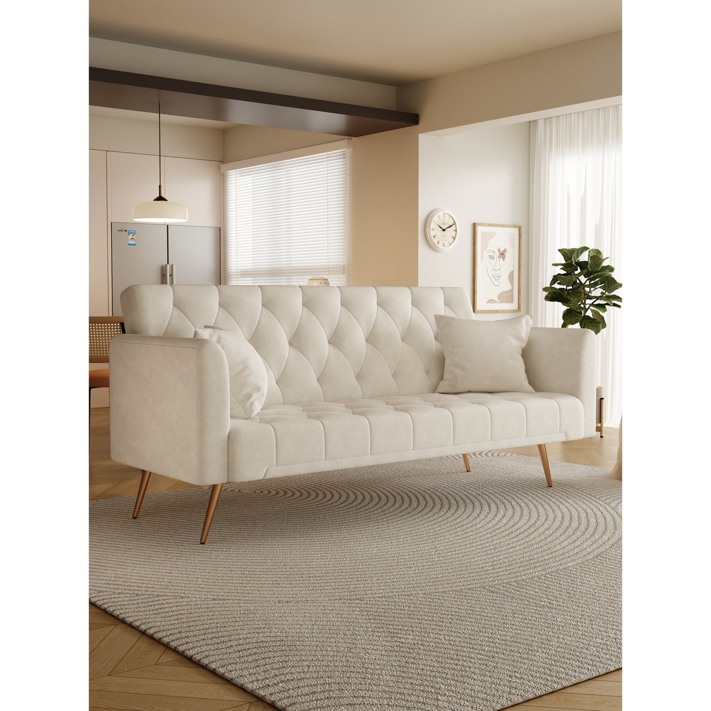 Beige Velvet Convertible 3-seater Sofa Bed with Throw Pillows