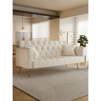 Beige Velvet Convertible 3-seater Sofa Bed with Throw Pillows