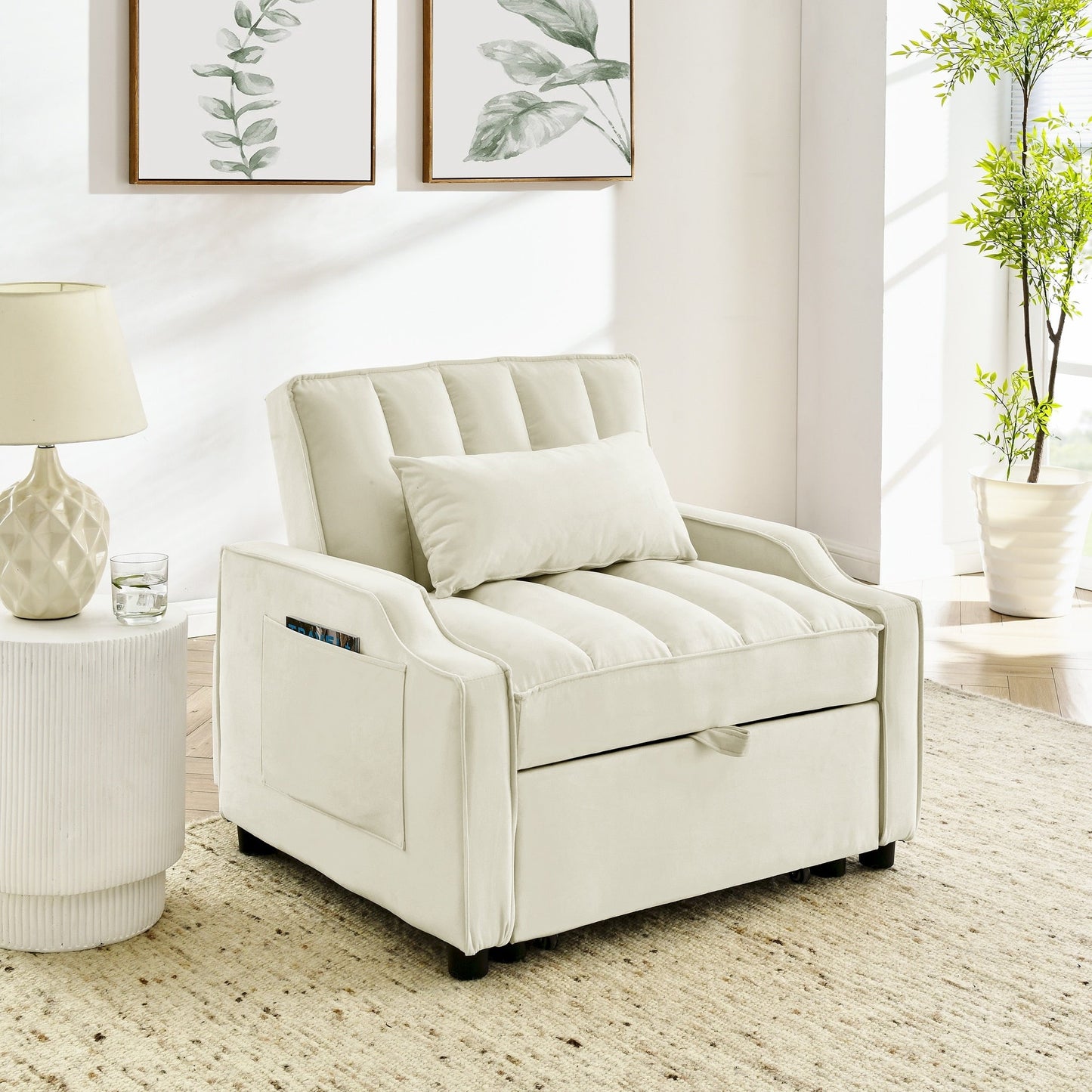 Beige Velvet Convertible Single Sleeper Sofa with Pull-out Bed