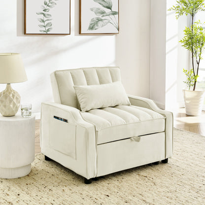 Beige Velvet Convertible Single Sleeper Sofa with Pull-out Bed