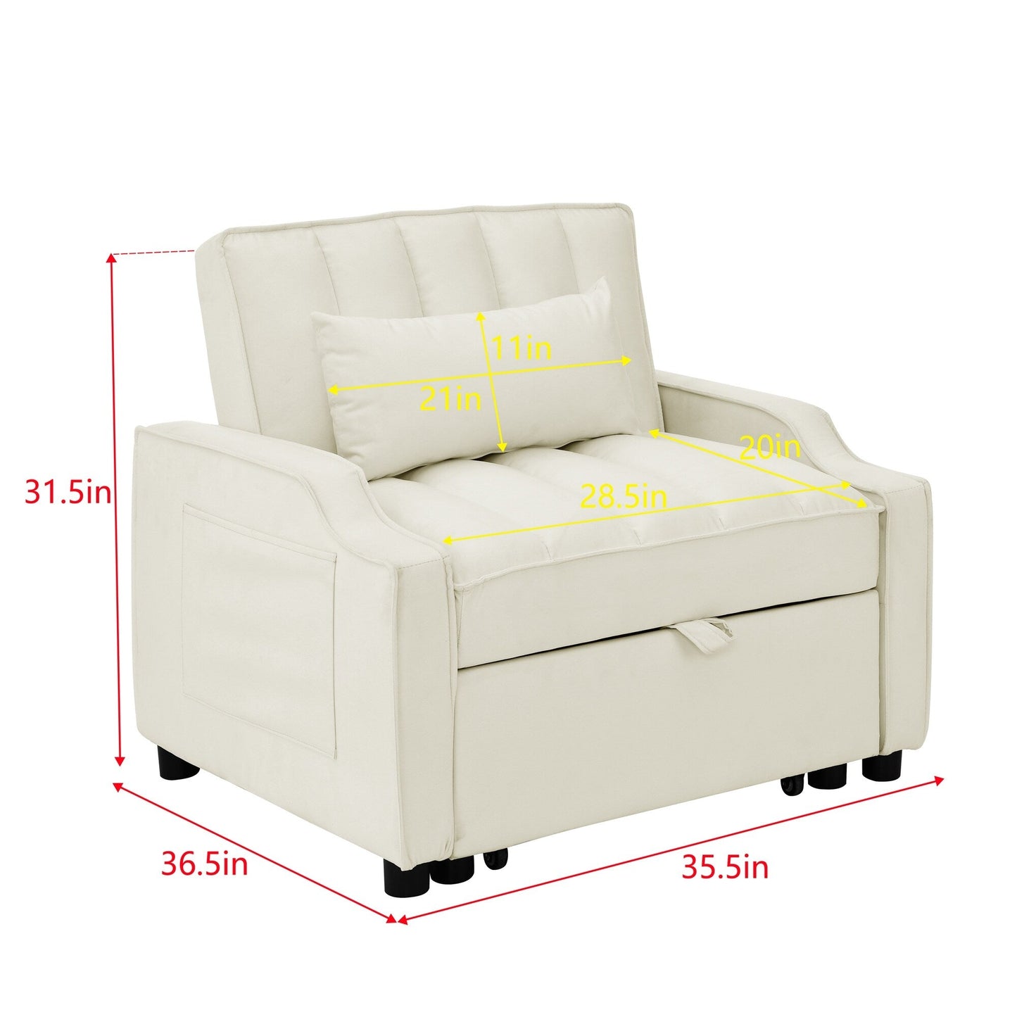 Beige Velvet Convertible Single Sleeper Sofa with Pull-out Bed