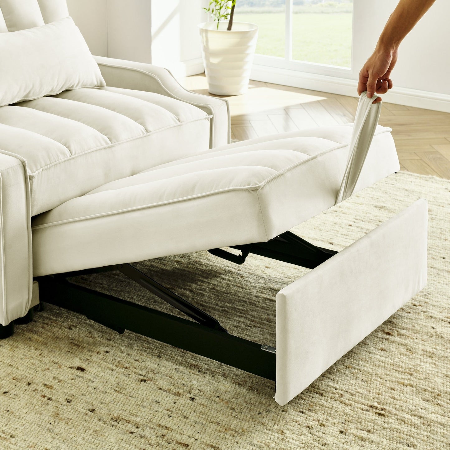 Beige Velvet Convertible Single Sleeper Sofa with Pull-out Bed