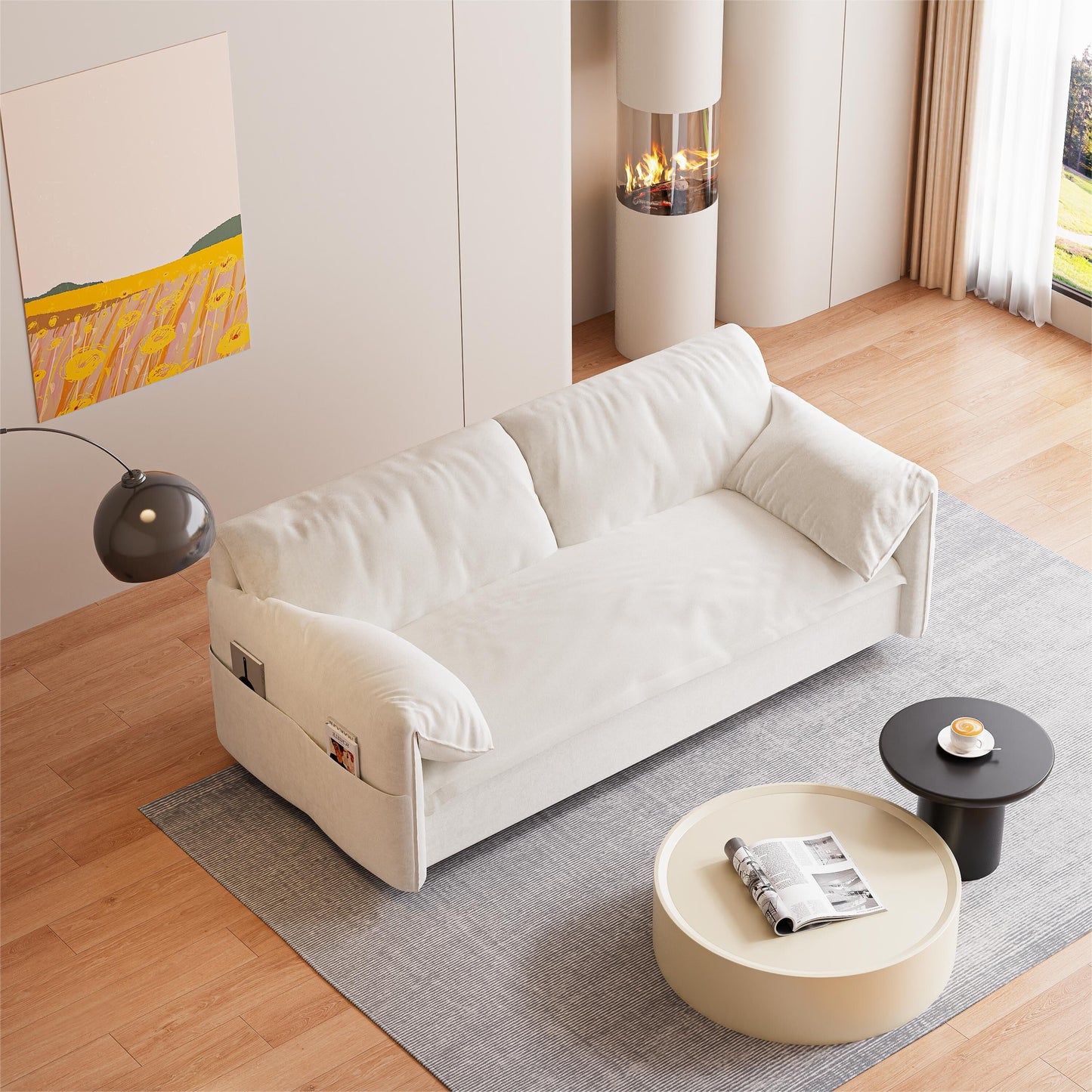 Beige Velvet Loveseat Pull Out Sofa Bed with Side Storage