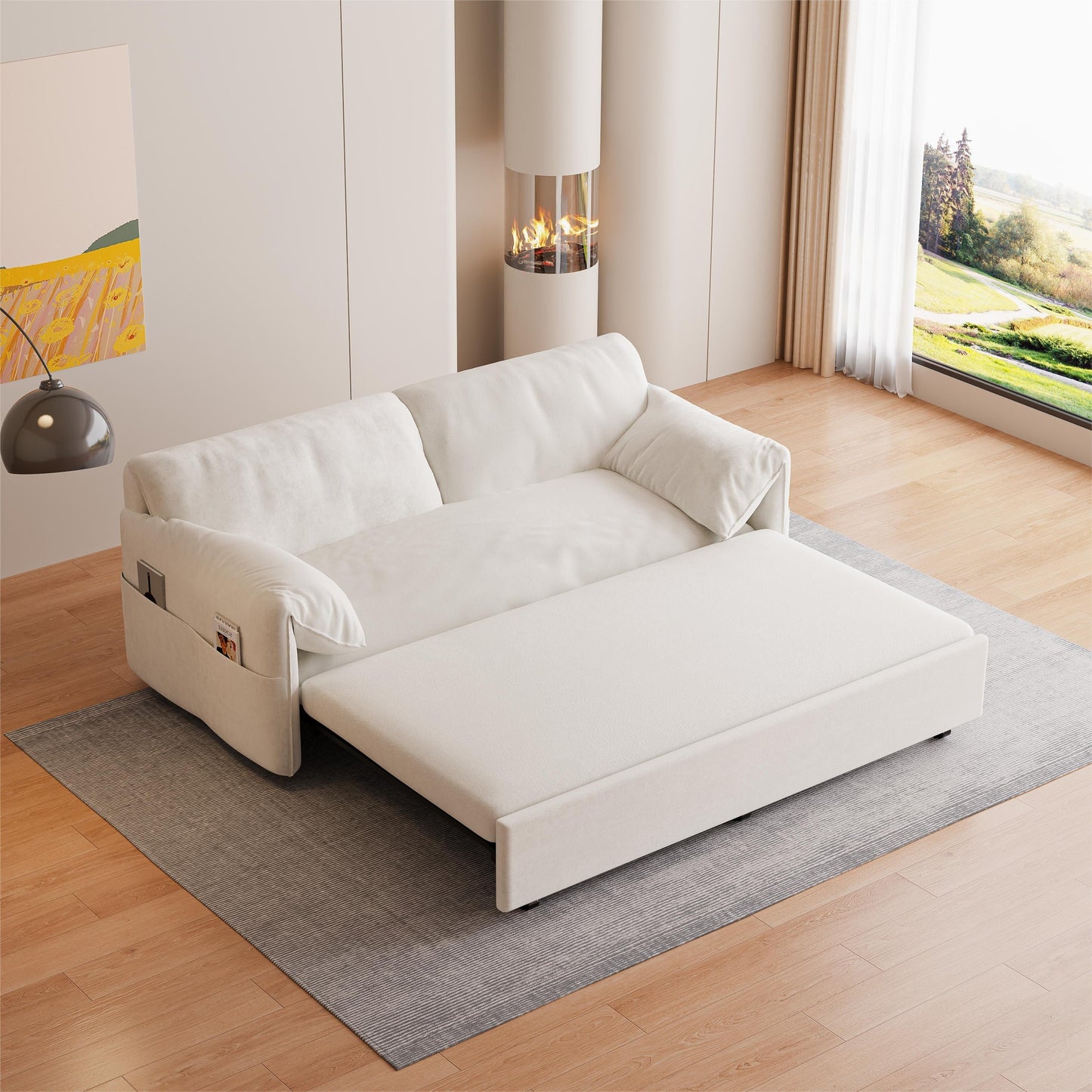 Beige Velvet Loveseat Pull Out Sofa Bed with Side Storage
