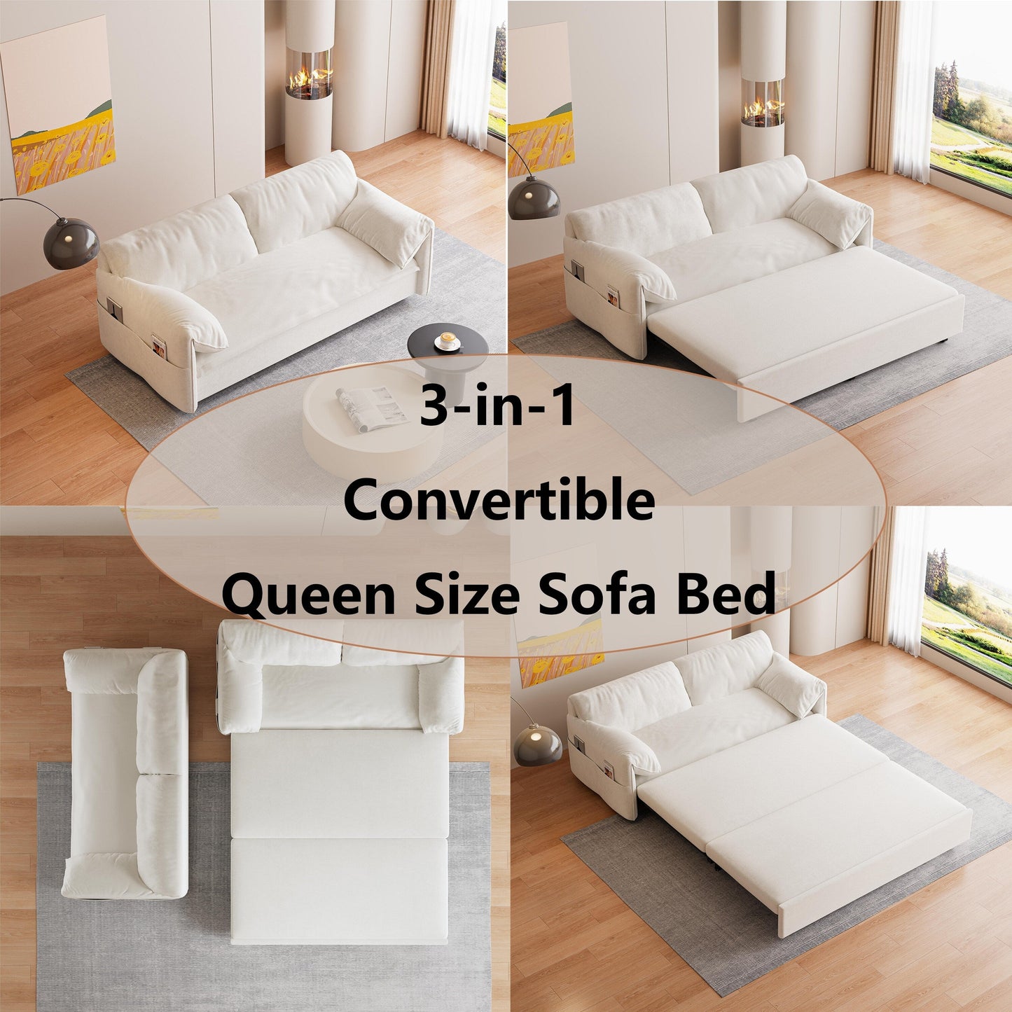 Beige Velvet Loveseat Pull Out Sofa Bed with Side Storage