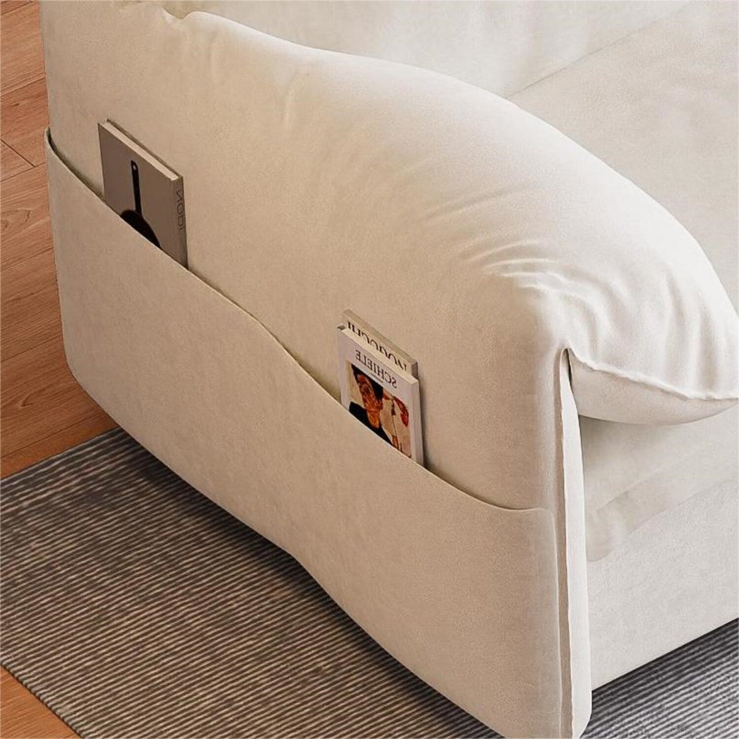 Beige Velvet Loveseat Pull Out Sofa Bed with Side Storage