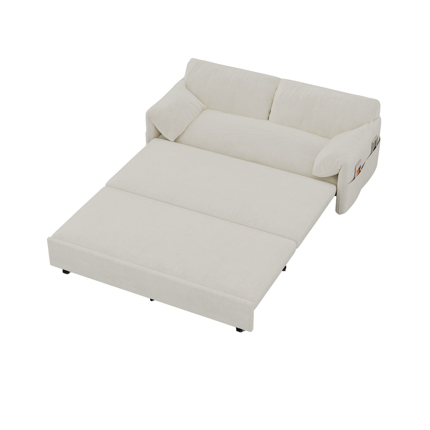 Beige Velvet Loveseat Pull Out Sofa Bed with Side Storage
